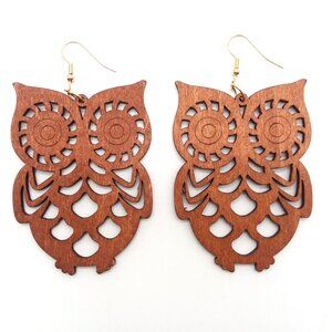 Earrings Owl Cut Wood Bohemian Hollow Dangle Boho Carved Hippie Trendy